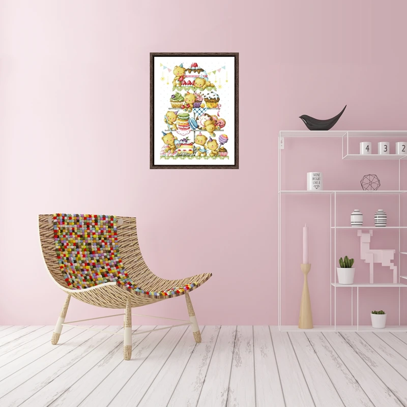 Making Cakes Cross Stitch Cartoon Bear Tower 18ct 14ct 11ct White Fabric Cotton Thread Embroidery DIY Handmade Needlework