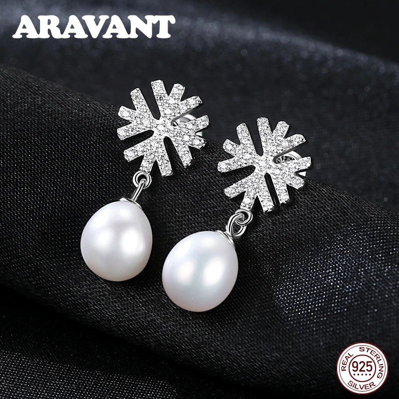 

100% Natural Freshwater Pearl Drop Earrings 6MM Pearl Jewelry 925 Sterling Silver Snowflake Earring For Women Christmas Gifts
