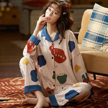 

NIGHTWA New Cartoon Animal Print Women's Pajamas Long Cotton Loose Pijama Feminino Women's Home Clothes Autumn&Winter Sleepwear