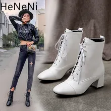 Г. Модная женская обувь Винтажные ботинки полусапожки на толстом каблуке кожаные ботильоны женские зимние теплые ботинки на шнуровке Botas