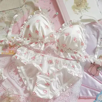 

Japanese Girl Cute ChiffonCute cat claw milk silk rimless triangle cup bra suit underwear