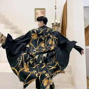 

Drape in the long windbreaker men loose over the knee handsome thin section elegant long cloak personality stitching jacket