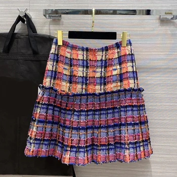 

Runway Colorful Tweed Plaid Mini Skirt Women Vintage Fashion Patchwork Ruffles Skirts 2020 Summer High Waisted A-line Sexy Skirt