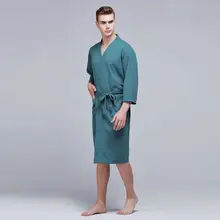 Летняя Сексуальная вафельница средней длины тонкая мужская Туника халат с карманом мужской плюс размер v-образным вырезом с длинным рукавом пижамы для сна