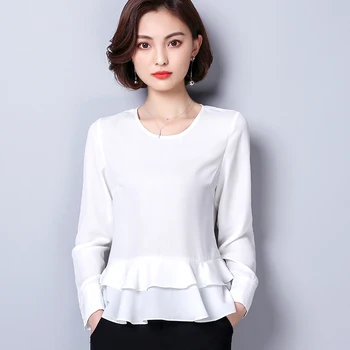 

94662020 Spring New Style Tops Versatile Slim Fit Crew Neck Flounced Solid Color Chiffon Blouse