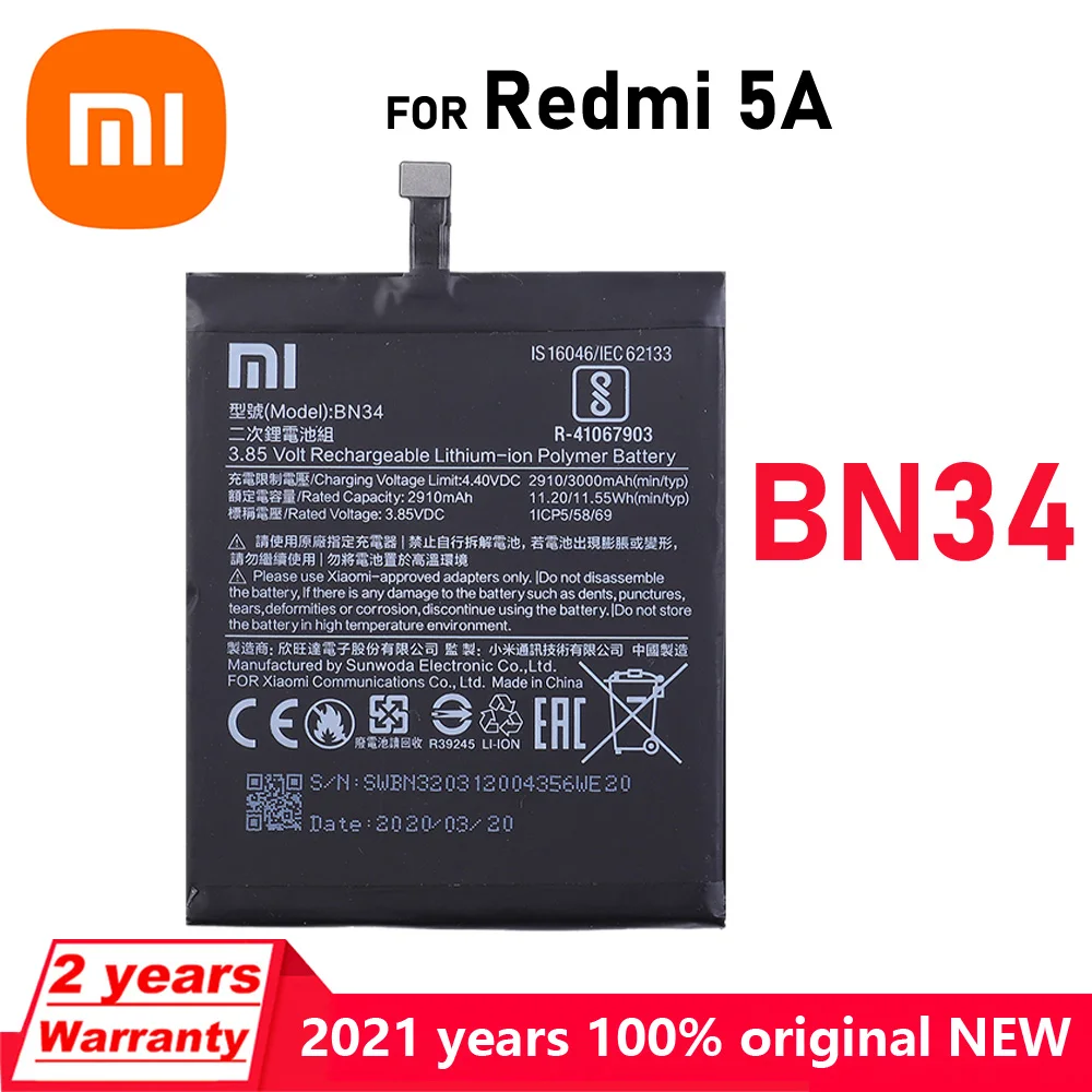 Baterai Xiaomi Asli Baru BN34 Xiaomi Mi untuk Ponsel Xiaomi Redmi 5A