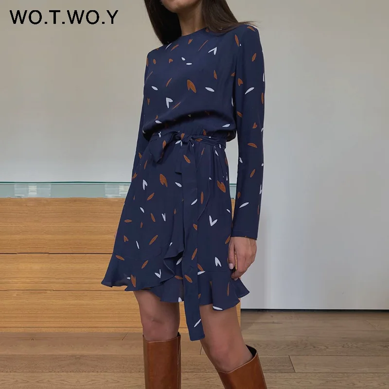 WOTWOY Casual Leaves Print Mini Dresses Female Summer Sashes A-Line Dress Lady Long Sleeve O-Neck Bodycon Dress Woman 2020 Blue WOTWOY Casual Leaves Print Mini Dresses Female Summer Sashes A-Line Dress Lady Long Sleeve O-Neck Bodycon Dress Woman 2020 Blue