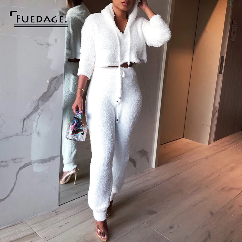 

Fuedage Winter Knitting Sweater Two Pieces Set Long Sleeve Lace Up Hoodies Crop Top And Long Pant Tracksuit Women Club Outfit