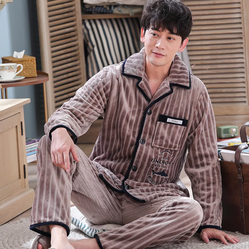 ER603 plus size M-4XL flannel pajama sets for men winter thick keep warm pajamas long sleeve pyjama male homewear pijamas hombre - Цвет: ER603