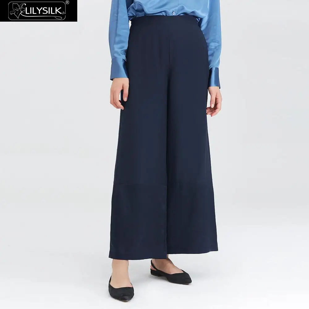 LILYSILK брюки сплайсинга шелк Широкие Женские Новые - Цвет: Navy Blue