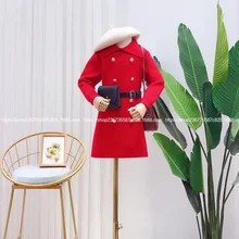 Детская одежда г.; осенне-зимнее Новое модное двубортное трикотажное платье с отворотом и поясной сумкой для девочек