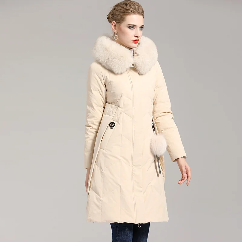 winter new down jacket women's thickening fashion temperament slim 90 down medium length large wool collar coat 402 - Цвет: Бежевый