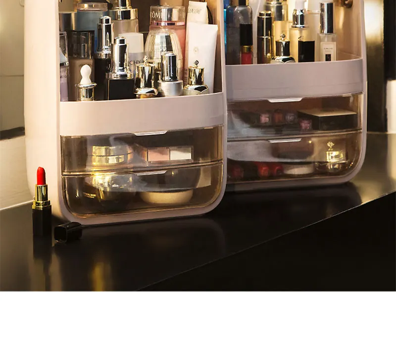 Makeup Organizer Transparent Clamshell 2 Drawer Dressing Table Desktop Plastic Cosmetic Box Storage Containers Jewelry Holder