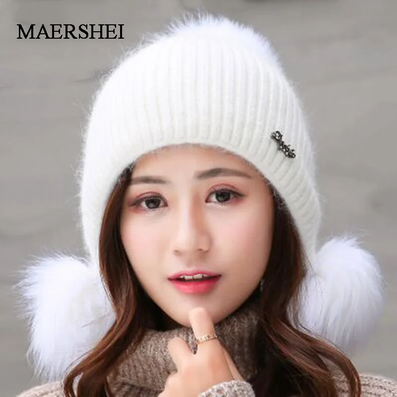 Rabbit Plush Hats Women Winter Fashion Beanies Sweet Cute Hedging Cap Velvet Wool Hat Student Hair Ball Caps Warm Knit Hat
