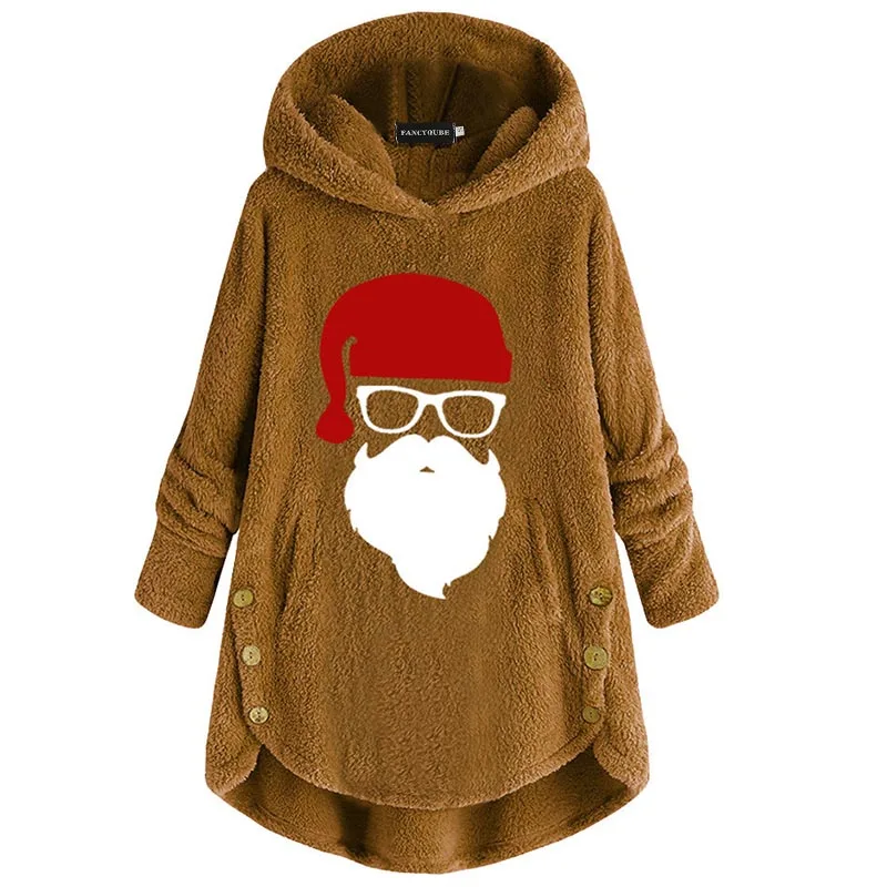 Sudaderas de mujer, Рождественский свитер размера плюс для женщин, плюшевый пуловер на пуговицах, топы с капюшоном, шерсть, Санта Клаус, свободная одежда