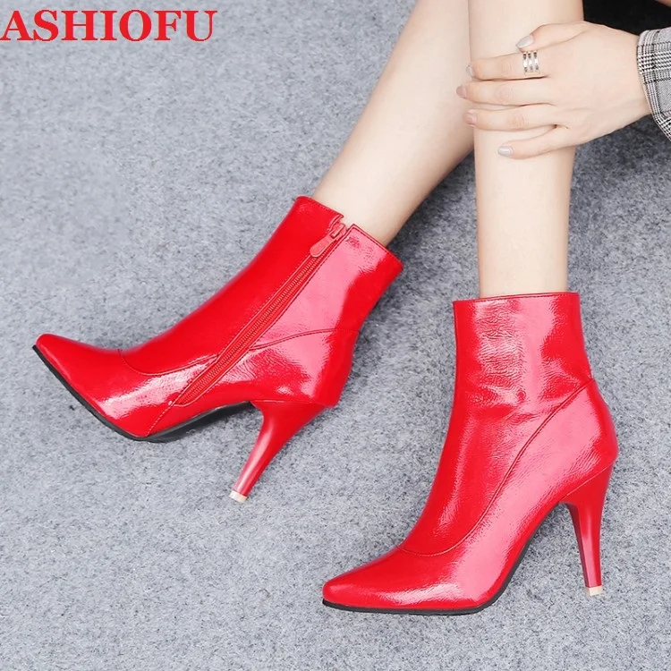 

ASHIOFU 2020 New Handmade Ladies High Heel Boots Bling-leather Wedding Party Ankle Booties Real Photos Large Size Fashion Boots