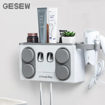 

GESEW Toothbrush Holder Automatic Toothpaste Dispenser Wall Mount Storage Box Hair Dryer Shelf Home Bathroom Accessories Set