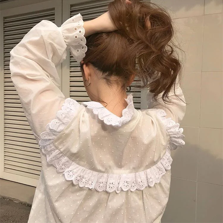 Фея леди Ruched кружева подол Лоскутная Блузка Kawaii весна осень Лолита Женская рубашка Топ Chemise Femme Chemisier Blusa Mujer