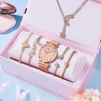 Conjunto de relojes de lujo para mujer, pulsera elegante de malla magnética, rosa, 6 uds.