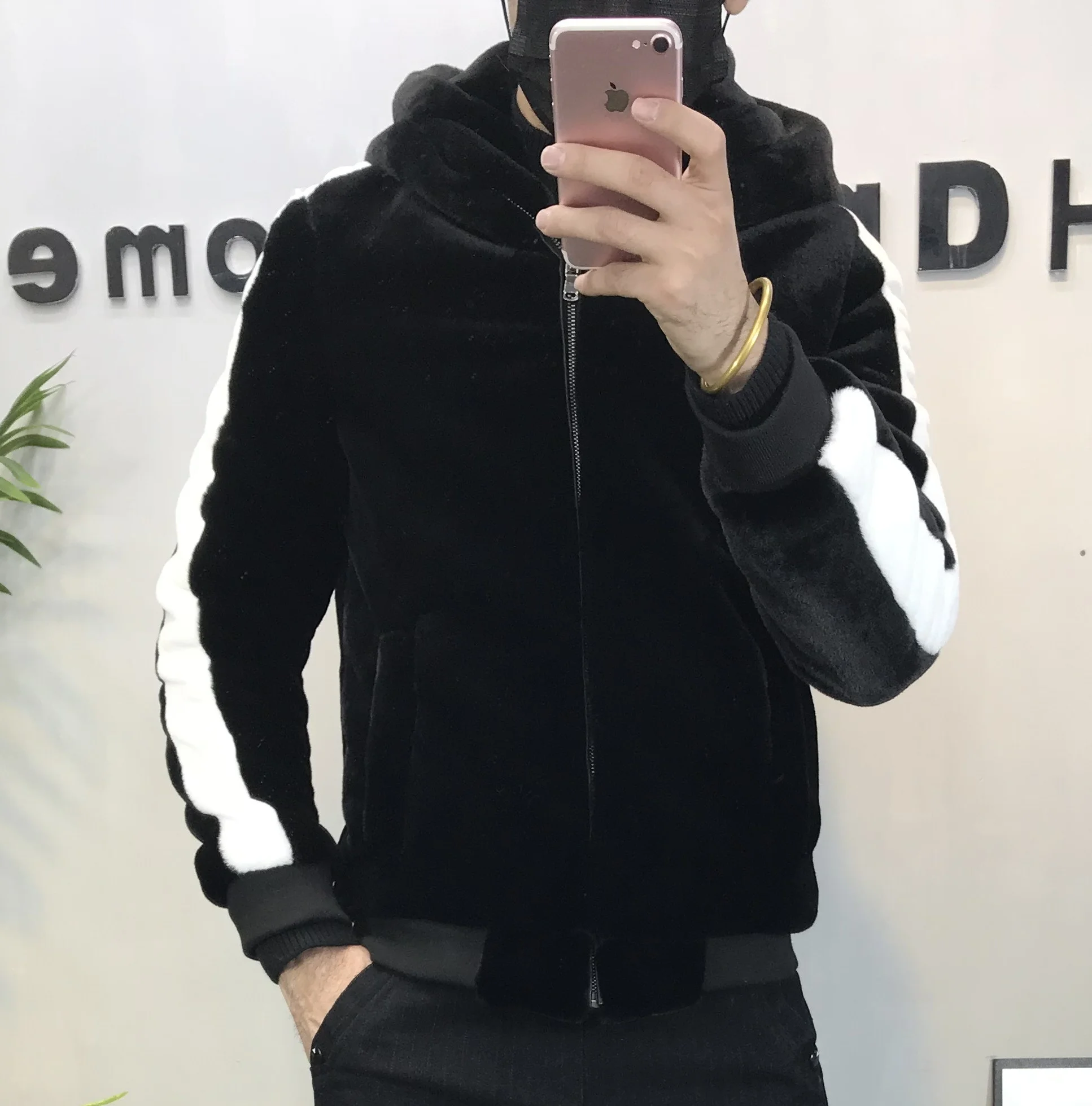 

Jacket Leather Men Side Stripes Hooded Rabbit Jackets 2020 Retro Elegant Winter Mens Faux Fur Coat Windbreaker