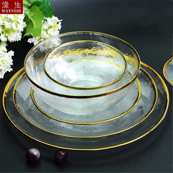 

Nordic Gilded Glod Charger Glass Plate Fruit Dessert Salad Soup Bowl Breakfast Dinner Dish Hotel Wedding Decorative Tableware