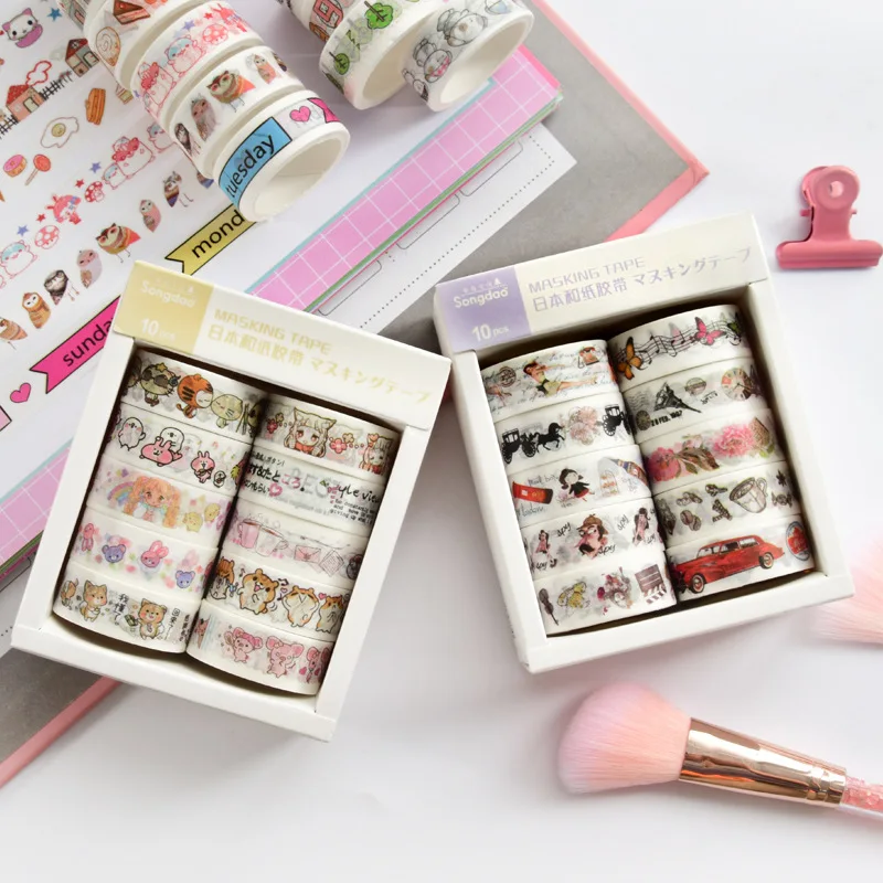 

Creative cartoon and paper tape cute color tape DIY hand book decorative stickers 10 rolls boxed student stationery