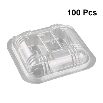 

100pcs Disposable Transparent Plastic Boxes Hinged Lid Four-grid Takeout Food Containers for Desserts Fruits