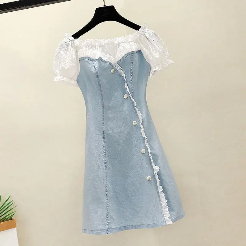 

Dress 2021 New Fashion Lace Stitching One-shoulder Denim Dress Buttoned A-line Skirt Summer Woman's Clothes