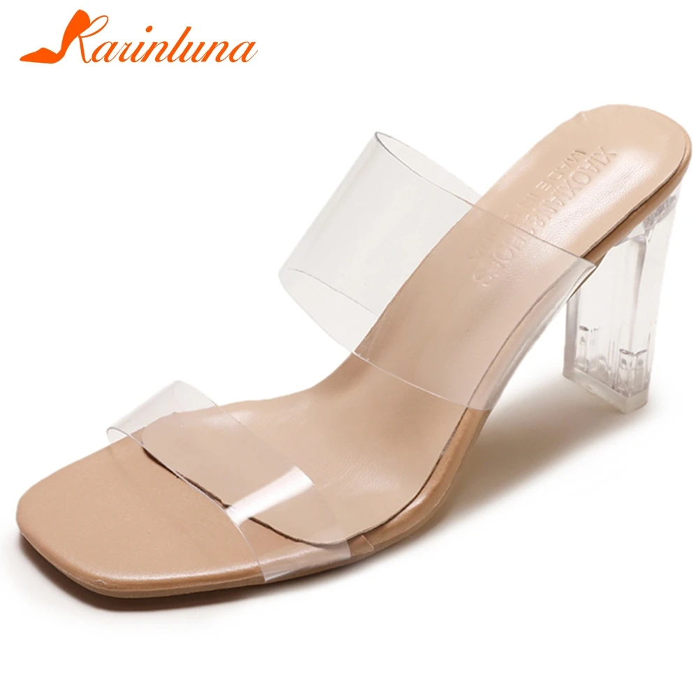 

KARINLUNA Ins Hot Summer Lady Slip On Consise Fashion Sandals Clear Heel Square Toe High Heel Sandals Women Shoes Woman