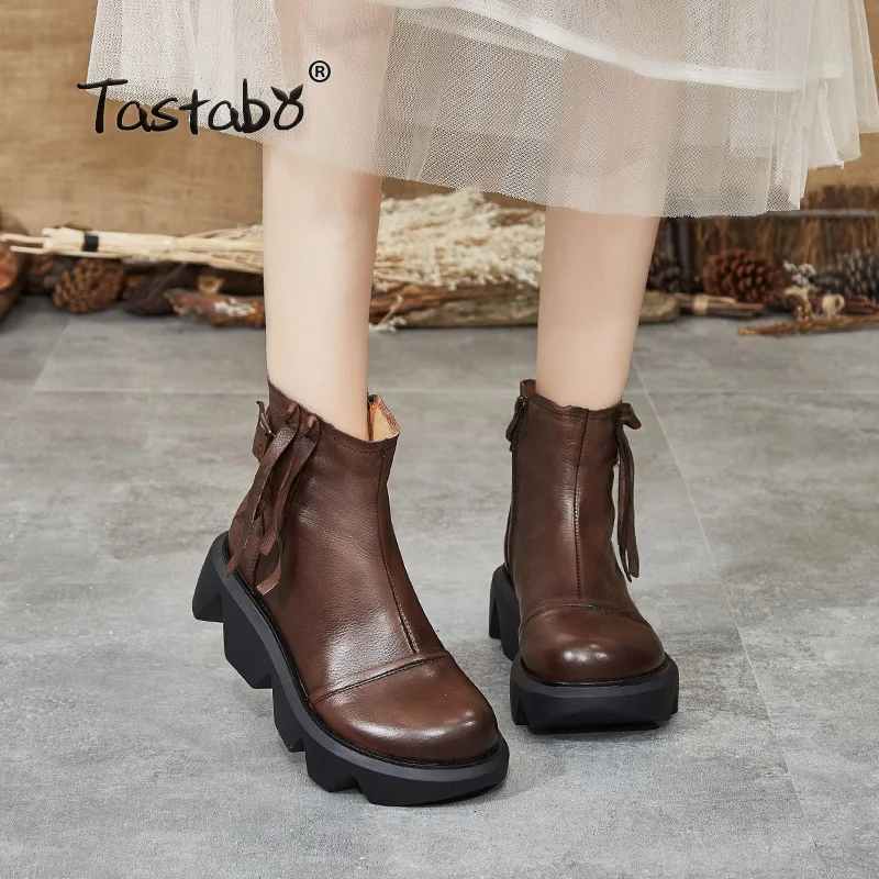 

Tastabo Genuine Leather Women's nude boots Black brown Simple style Comfortable Women's boots S66036 tassel Flat shoes zipper