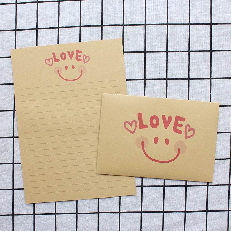 Kawaii Brown Kids Painting Letter Envelope Set Creative Cute Cartoon Face Kraft Paper Color Invitation Message Stationery Gift 5