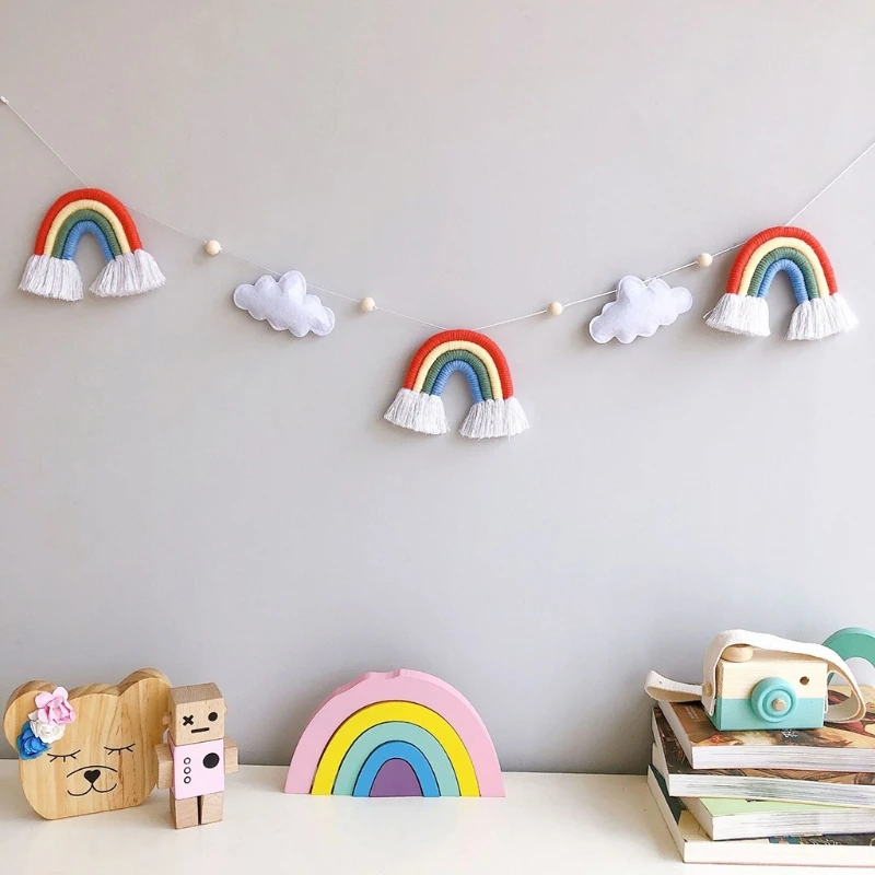Nordic Wooden Beads Garland Felt Cloud Knitting Wool Rainbow Tassel Pendant Hanging Ornament Photo Shooting Props rainbow wall hanging decor