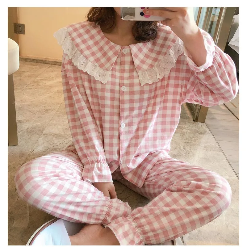 

New Autumn pajamas set sexy pajamas for women sleepwear 2 pieces plaid print home suit long sleeves and pants female homewear