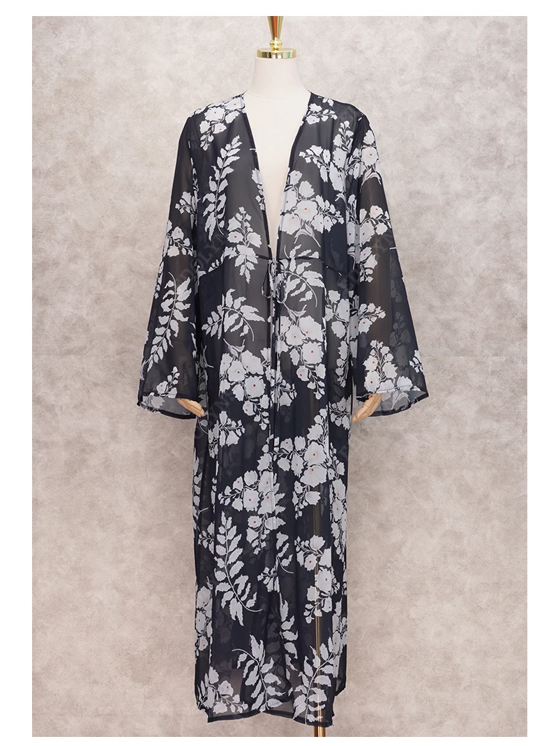 Bikini Cover-ups Boho Printed Long Kimono Cardigan Plus Size White Black Chiffon Tunic Women Beach Wear Swim Suit Cover Up A225