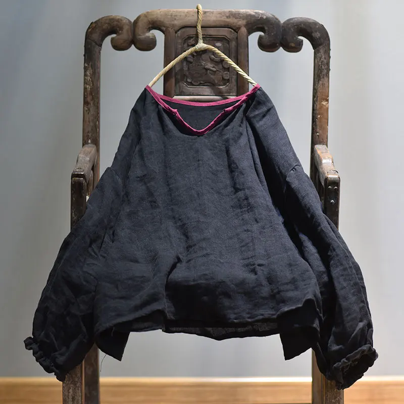 Linen Blouse Tops Flax Women Spring Vintage Solid-Color Shirt Lantern-Sleeve Plus-Size