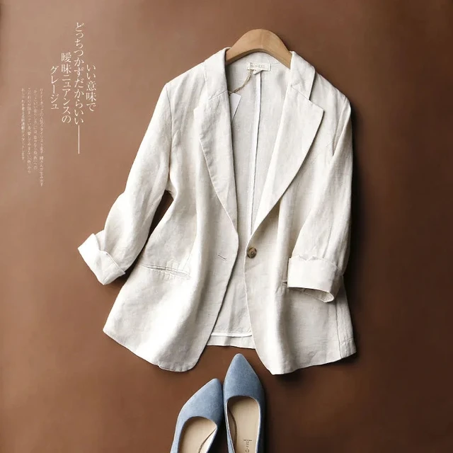 Suit Blazer Basic Cotton Linen Three Quarter Single Button Women's Jacket Spring 2022 Korean Fashion Casual Short Jackets Coat 3