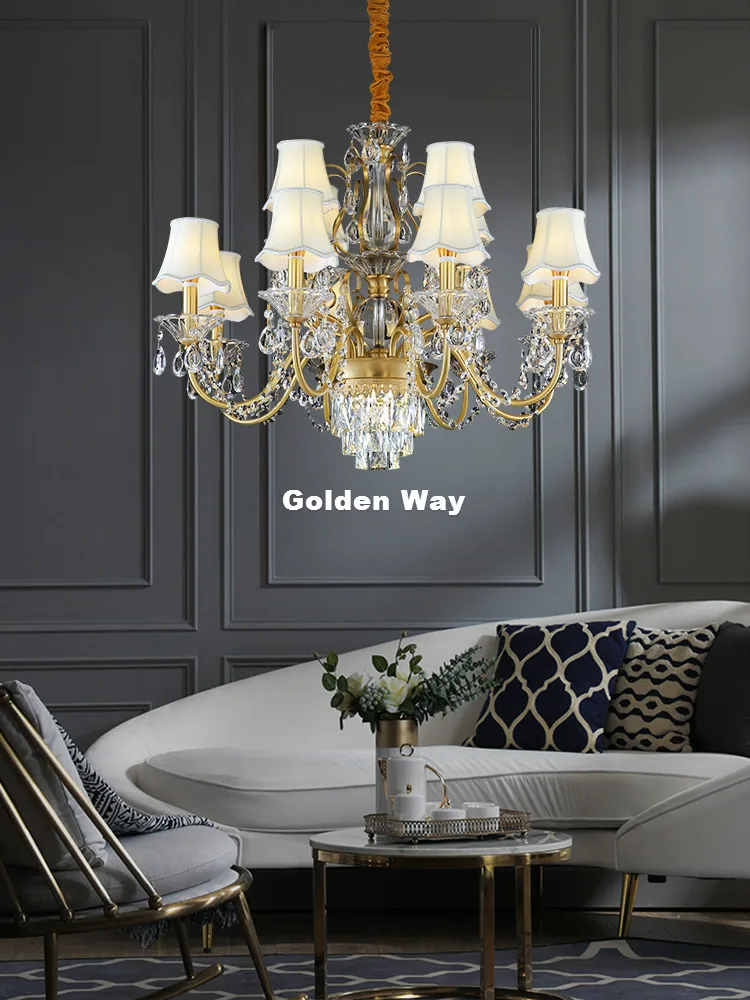 European Style Copper Crystal Chandelier Home Living Room Ceiling Chandeliers Fabric Shade 6-12 Arms AC Hotel Restaurant Lights | Освещение