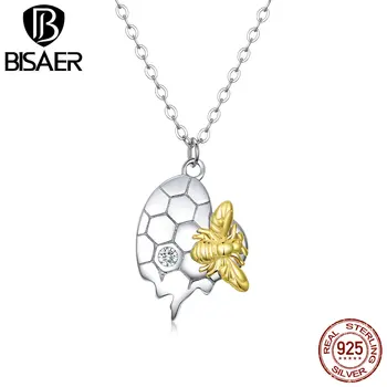 

BISAER Sweet Collars 925 Sterling Silver Honeycomb Busy Bee Pendant Long Chain Necklace for Women Fashion Silver Jewelry HSN396