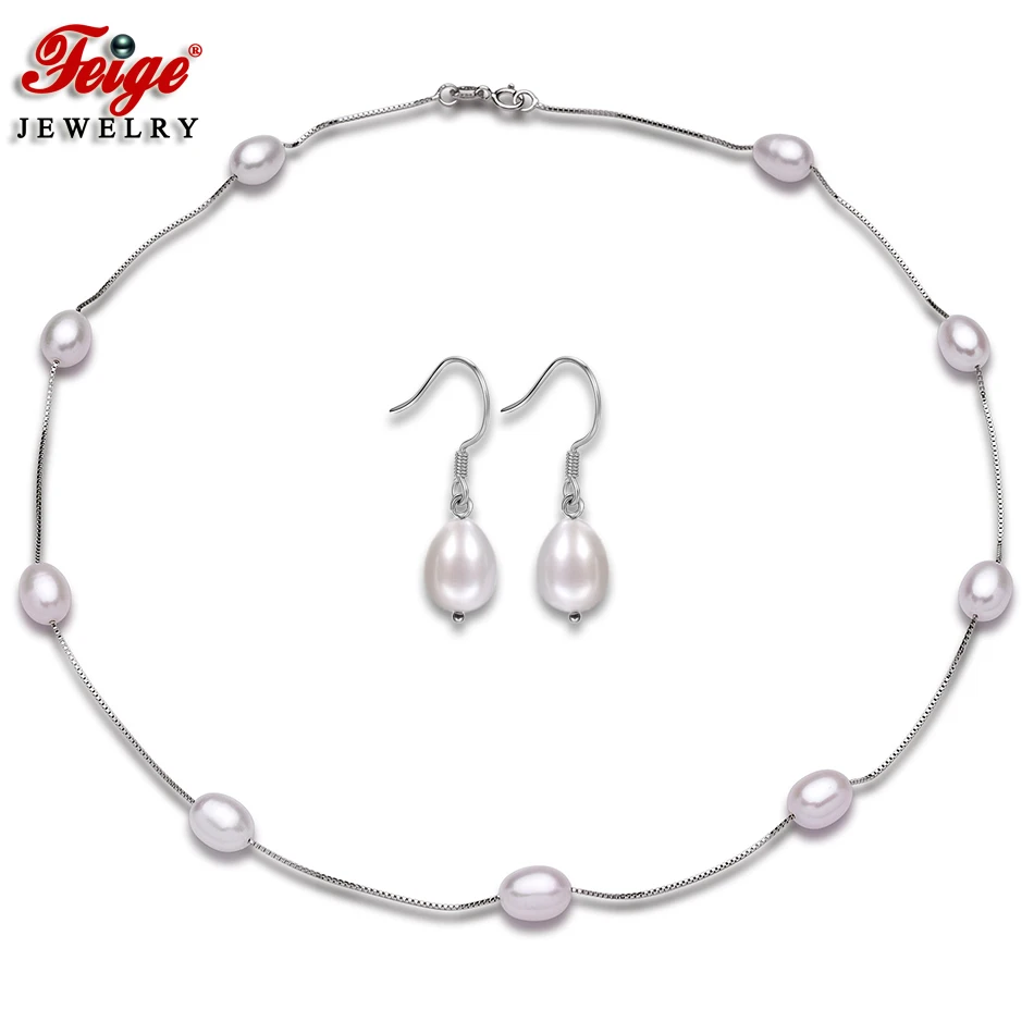 

High Quality 925 Sterling Silver Chain Necklace And Earring Jewelry Sets AAA Natural Freshwater Pearl Choker Necklace For Women