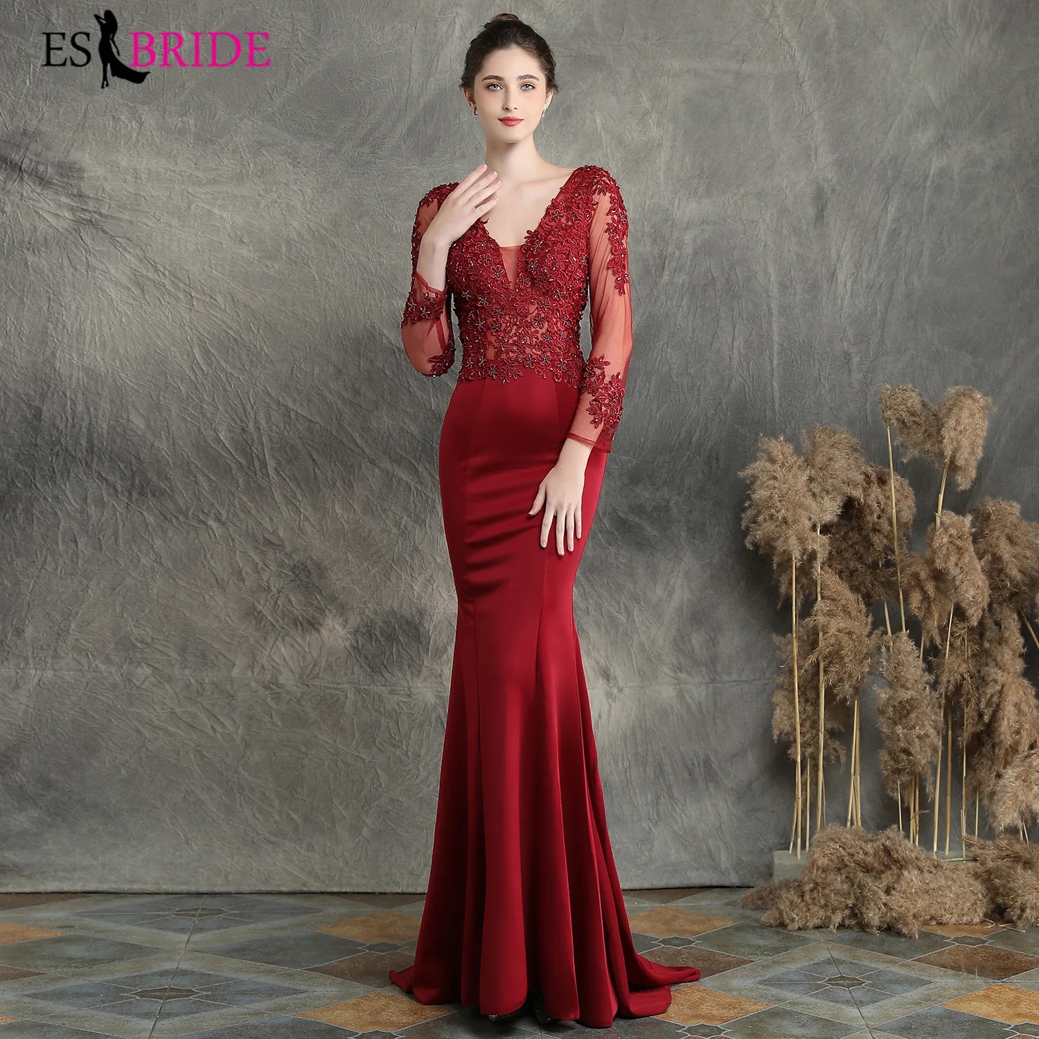 

Green Evening Dresses Long Sleeve V-Neck Mermaid Appliques Lace Formal Dresses Women Elegant Party Gowns Lange Jurk 2019 ES2859