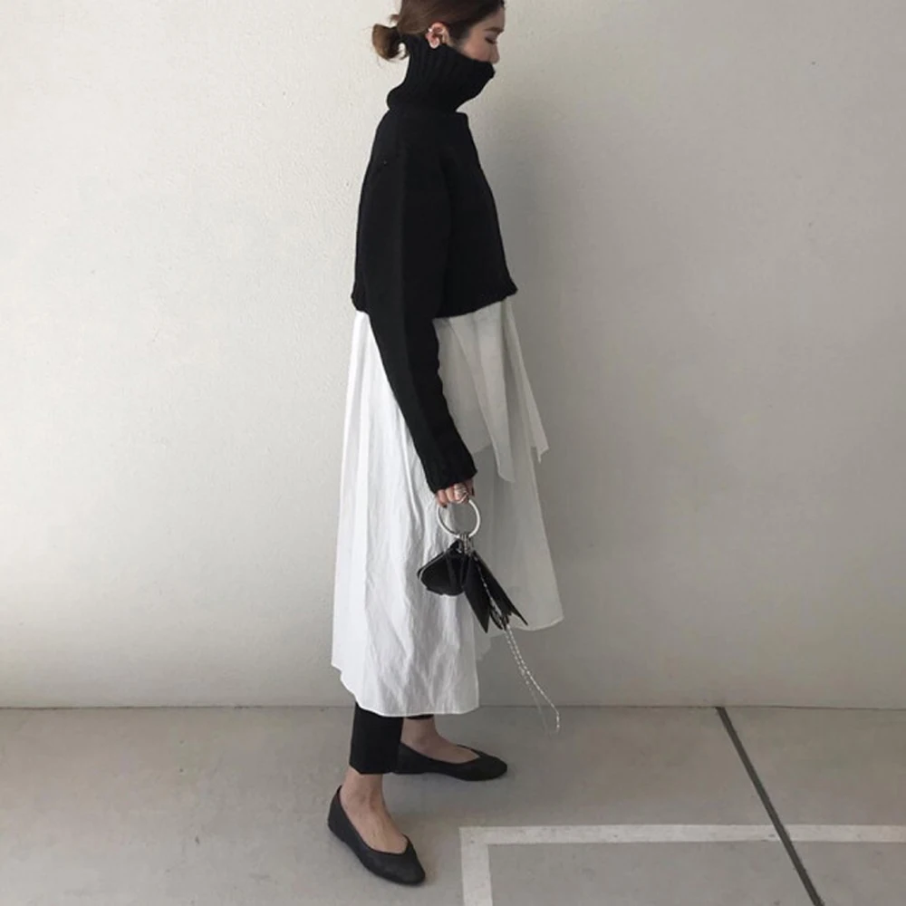 

Spring Two Piece Sets Short High Neck Knitted Sweater Tops And Solid White Long Dress Korean Elegant Women Sets Causal Suits