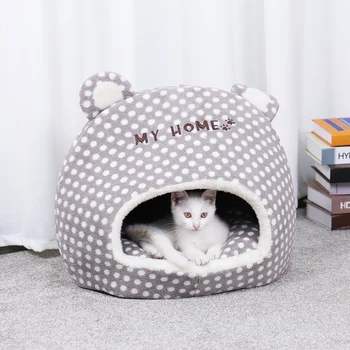 

Pet Cat Sleeping Bags Bed House Thick Warm Removable Mat Kennel Cat House Soft Bed For Cozy Cats Puppy Kitten Cartoon Dot Design