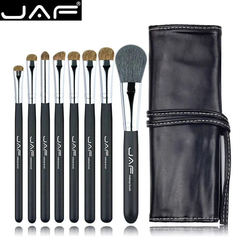 

JAF 8pcs Soft Goat Pony Hair Eye Make Up Brushes Set Classic Black Eye Shadow Blush Makeup Brush Portable Cosmetic Tools Kit