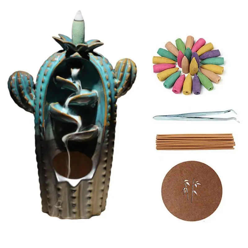 

Ceramic Cactus Backflow Incense Burner Smoke Waterfall Incense Holder With 20 Pcs Cones Creative Aromatherapy Burner Home Decor