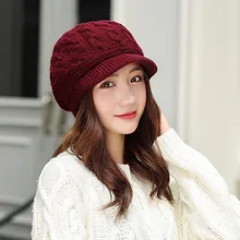Модная однотонная шапка с козырьком, зимняя теплая шапка, Женская Осенняя вязаная шапка, Новая повседневная Толстая шапка для женщин