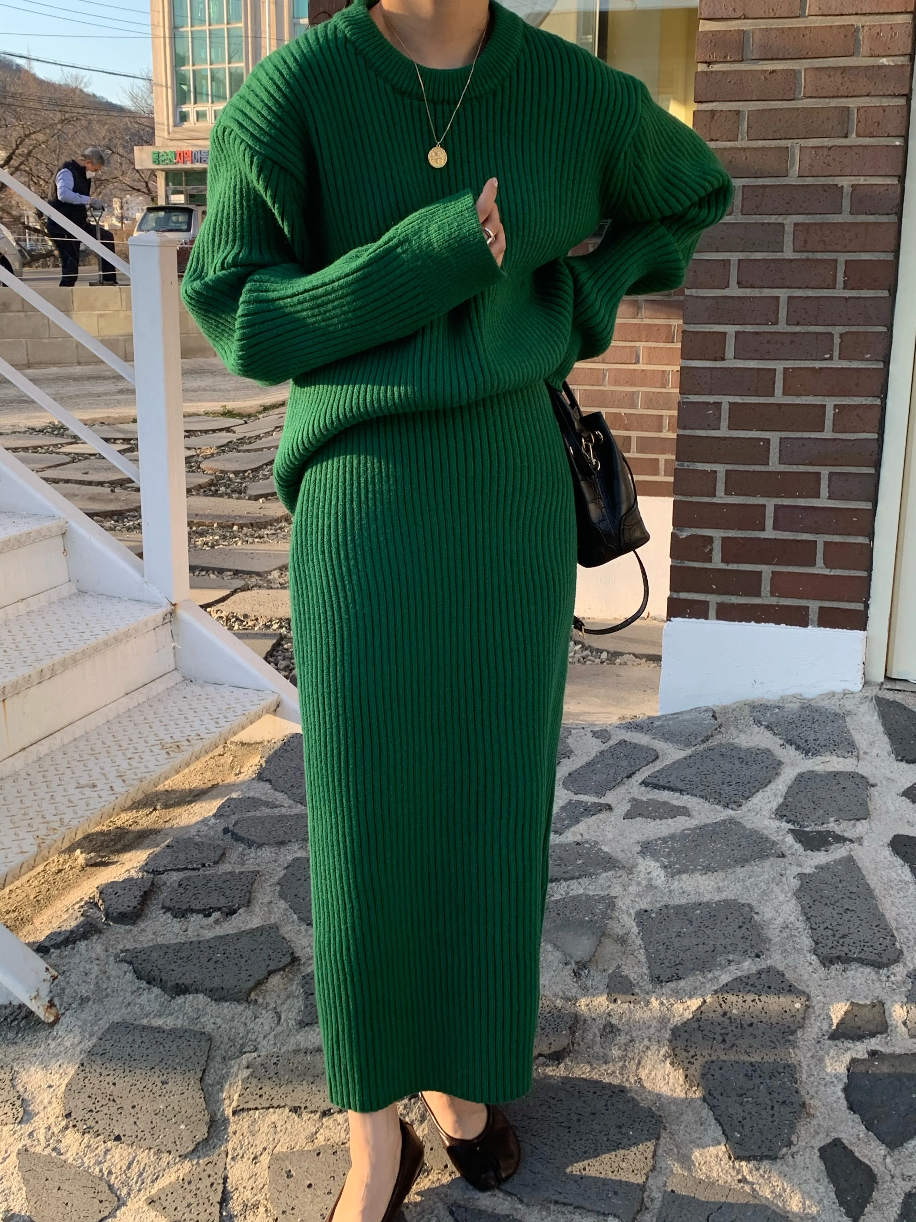 Women'S Stripe Outfit Autumn Winter Warm Two-Piece Set O-Neck Loose Sweater With High Waist Bag Hip Knitted Pencil Skirt Setup |
