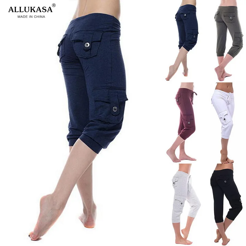 Pantalones de chándal con cordón para mujer, pantalón sólido corto, largo hasta la pantorrilla, elástico, informal, 2020