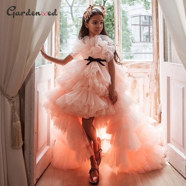 Güzel balo elbisesi çiçek kız elbise düğün parti elbisesi yüksek-düşük tül  çocuk doğum günü prenses