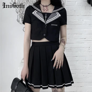 

InsGoth Harajuku Gothic JK Uniforms Women Black Two Piece Sets Patchwork Crop T-shirt And Mini Pleated Skirts Cosplay Style Sets
