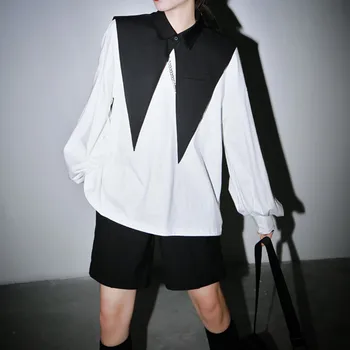 

Spring 2020 New Women White Split Joint Two Piece T-shirt Loose Round Neck Long Sleeve Turn Down Collar Irregularblouse Big Size